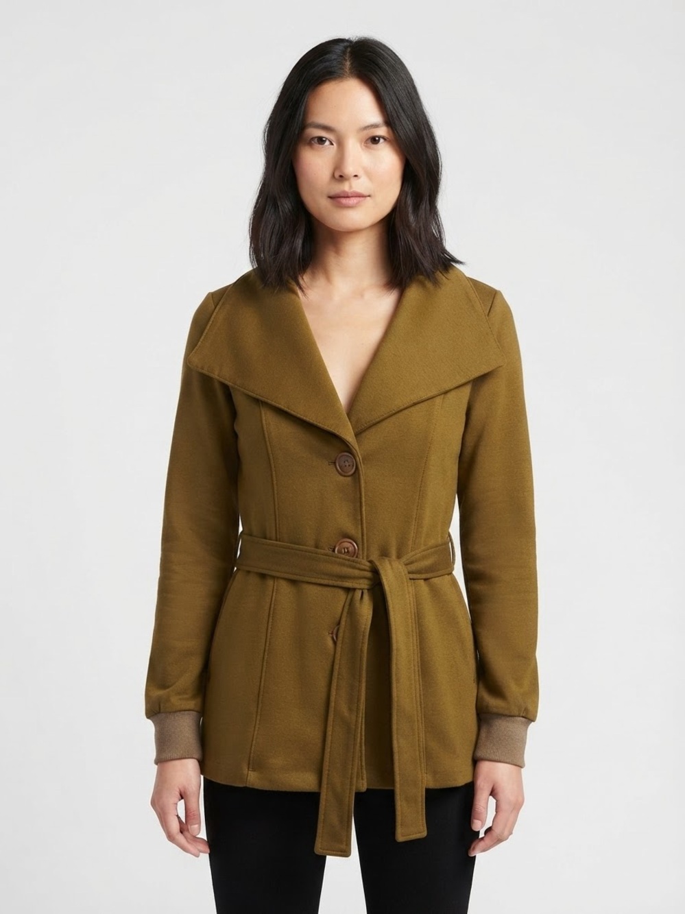 DownEast Olive Buttoned & Belted Blazer Coat with Floral Lining Size Medium
